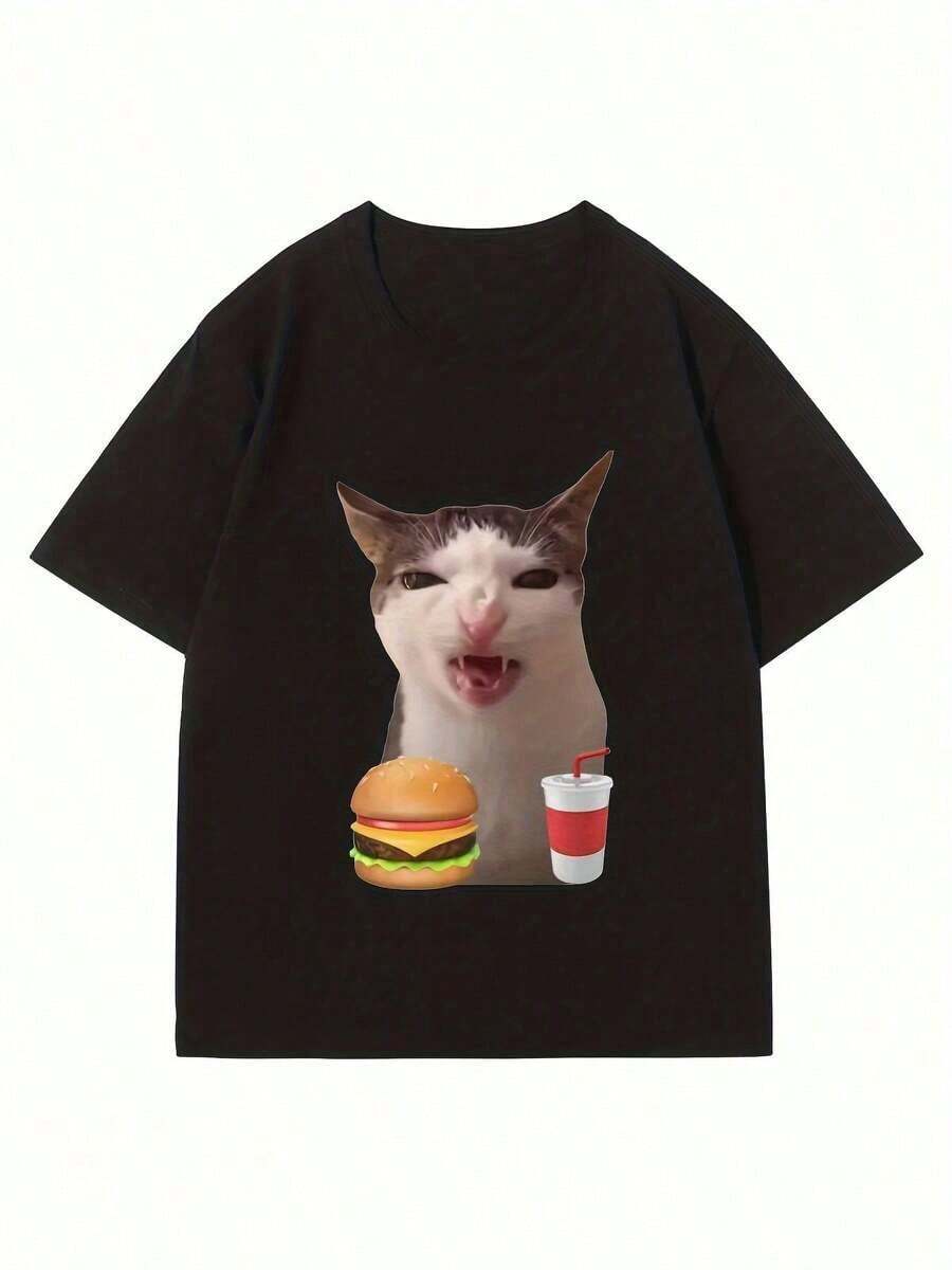 Funny T-Shirt With A Cat Eating A Face - Unisex Design, Perfect For Both Genders, Ideal For Casual Summer Wear, Clever Print, Machine Washable, Crew Neck Style, Short Sleeves, Unisex Clothing | Funny Design T-Shirt | Unisex Cotton Short-Sleeved Crew Neck T-Shirt, Urban Vintage Style, Loose Fit. Women's Blouses. Casual Blouses For Ladies. Print. Print T-Shirt. - 黑色 - 查看 1
