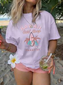 Camiseta de manga corta con cuello redondo para mujer, ideal para vacaciones de verano, 100% lavable a máquina y fácil de cuidar, con estampado casual de letras y diseño tropical de tienda de surf hawaiana, nueva camiseta de verano 2026, adecuada para viajes y uso diario. - Negro - Ver 9