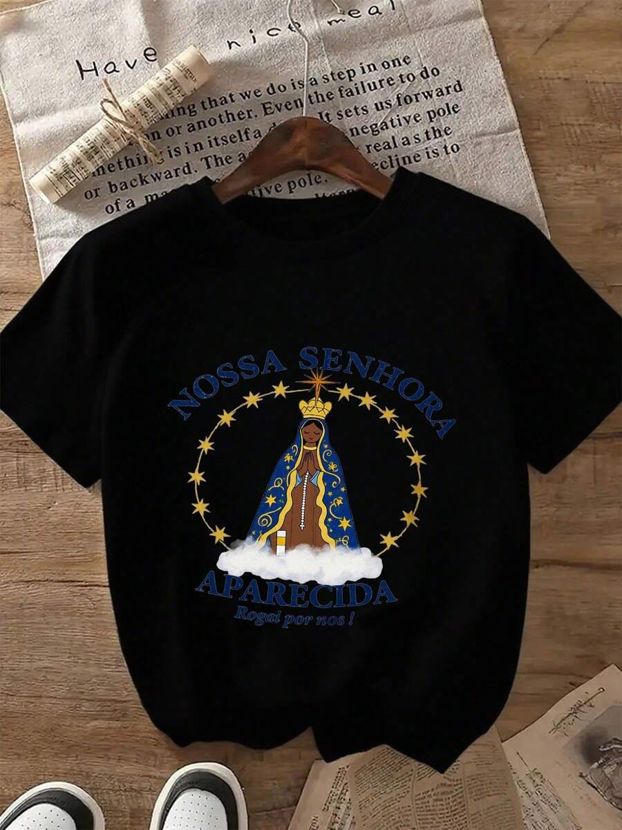 Camiseta de manga corta informal para mujer, ideal para vacaciones de verano, con la imagen de Nuestra Señora de Aparecida - 100% suave, de cuello redondo, estilo casual unisex y regalo católico, lavable a máquina, prenda icónica. - Negro - Ver 1