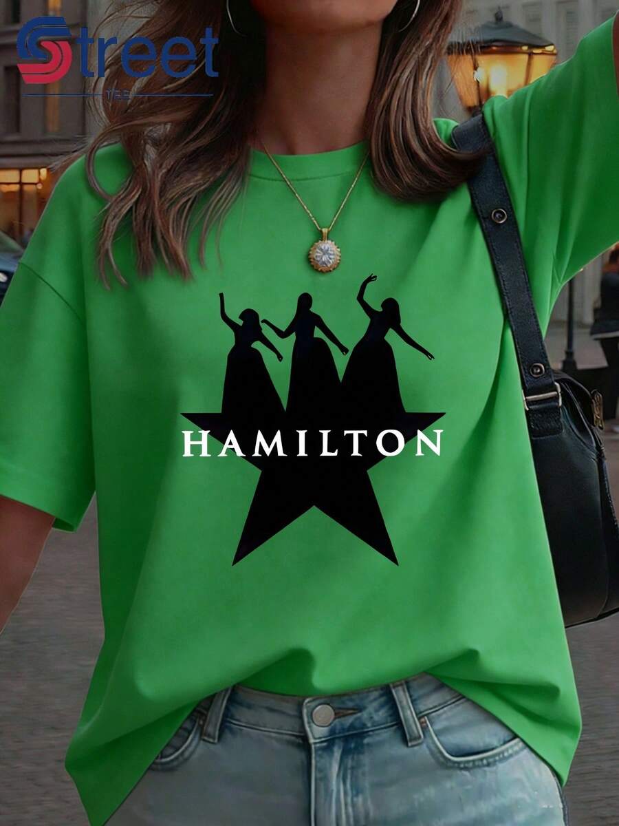 Women's Short-Sleeved T-Shirt, Y2K Style, Casual, For Summer Vacation, Spring/Summer Fashion, Sexy, Sweet, Slimming, Hamilton Musical Themed. Niche Culture Style, Casual, Short-Sleeved, Simple, Classic, Versatile, Elegant, Essential For Summer Parties. - 綠色 - 查看 1