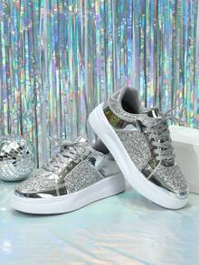 Zapatillas deportivas para hombre, con purpurina plateada, de caña baja, suaves & ligeras, de talla grande, zapatos de skate, zapatos planos retro de calle - Plata brillante - Ver 5
