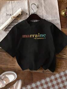 Athletic Athleisure[Daily]Conjunto de 1 pieza, cuello redondo, manga corta, estilo minimalista y fresco, blanco, estampado de corazón con la palabra "marsaline" en minúsculas, camiseta de alta calidad. |   Ropa para el día a día: Tops de mujer que absorben la humedad, ropa casual para el gimnasio. - Negro - Ver 1