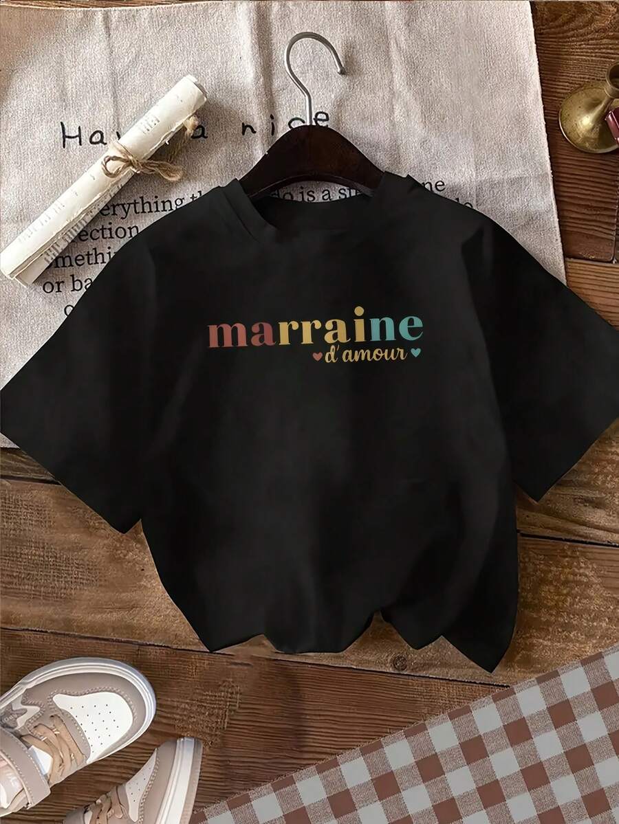 Athletic Athleisure[Daily]Conjunto de 1 pieza, cuello redondo, manga corta, estilo minimalista y fresco, blanco, estampado de corazón con la palabra "marsaline" en minúsculas, camiseta de alta calidad. |   Ropa para el día a día: Tops de mujer que absorben la humedad, ropa casual para el gimnasio. - Negro - Ver 1