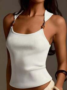 Blusa de punto ajustada de hombros descubiertos en color verde claro, para primavera/verano - Blanco - Ver 3