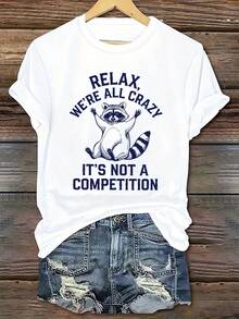 Unisex Short-Sleeve T-Shirt, Casual Crew Neck T-Shirt For Women With A Fun Raccoon Print - "Relax, We're All Crazy, It's Not A Competition" Design, Short Sleeve, Light Blue, Casual Outfit.|Raccoon Graphic T-Shirt|Lightweight T-Shirts Men, , Women, Romwe Men, Boho Chic, Teacher Gifts, Women's T-Shirt Curvy Sets For Mu, Y2k - 白色 - 查看 1
