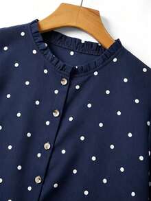 Blusa de mujer con cuello redondo, sin mangas, abotonada, con volantes y estampado de lunares vintage francés, versátil para el trabajo, el té de la tarde y el uso diario, suelta y casual - Verde militar - Ver 5