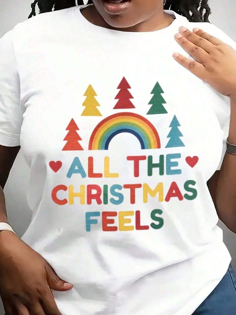 Suave, transpirable y ligera para comodidad durante todo el día. Camiseta navideña para mujer "All The Christmas Feels". Cuello redondo clásico con un corte relajado que favorece todas las formas del cuerpo y es fácil de combinar con jeans, shorts y leggings. - Blanco - Ver 1