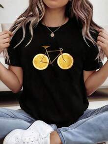 Camiseta de Mujer con Estampado de Rueda de Fruta Cítrica Naranja - Top de Verano de Manga Corta y Cuello Redondo con Gráficos de Patines de Ruedas y Citron, Blusa Casual de Primavera, Ropa Lavable de Elasticidad Media, Adecuada como Regalo. playera de mujer. blusas>elegantes. boho chic,Top de mujer suave, transpirable y cómodo, ideal para primavera, verano y otoño, perfecto para vacaciones, viajes y uso diario. - Negro - Ver 7
