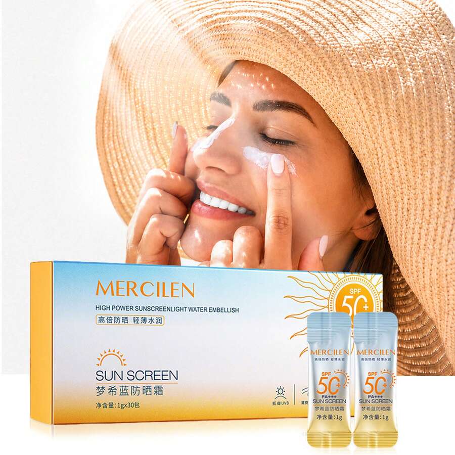 30Pcs/Box SPF50+PA++++ High Protection Sunscreen, Single Pack Sunscreen Lotion, Waterproof And Sweat-Resistant Face Protection Cream, Anti-Sun, Refreshing Without White Cast, Moisturizing, Portable Travel Sunscreen, Suitable For Outdoor Sports - Yellow - View 1