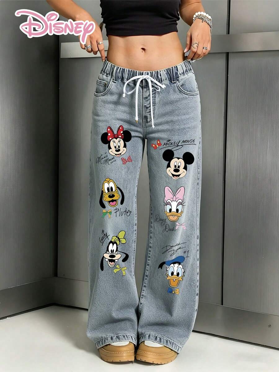 Disney Official Authorization | Women's Drawstring Straight-Leg Jeans, Featured With Disney Character Themed Printed Patterns, All-Season Versatile Street Casual Style Outfit. - 淺色水洗藍 - 查看 1