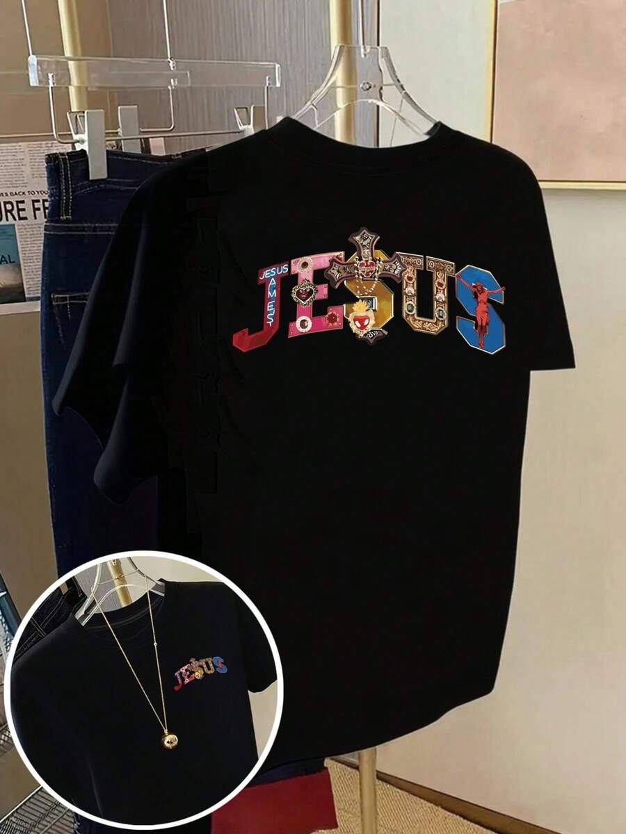 Short-Sleeved T-Shirt With Front And Back Print - Jesus Christ Print - Women's Print T-Shirt For Spring/Summer, Fashionable Item. Elegant Party Outfit, T-Shirt For Elegant Ladies, Blouses Suitable For Curvy Women, Prom Skirts, Casual Wear - 黑色 - 查看 1