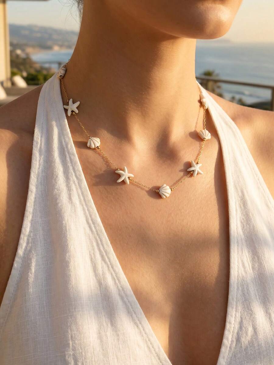 Collar de acero inoxidable con concha y estrella de mar, diseño único, estilo oceánico, adecuado para la playa, vacaciones, uso diario, citas - Dorado - Ver 1
