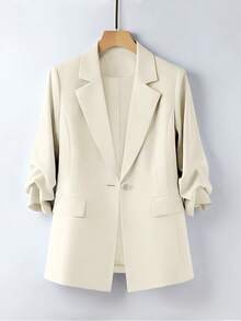 Women's Spring/Summer Commuter Pleated Design 3/4 Sleeve Loose Single-Breasted Blazer & Wide Leg Pants Set - Apricot - View 4