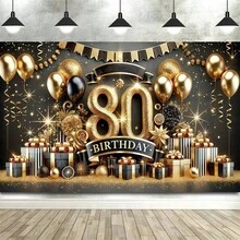 1件優雅80歲生日派對背景布，黑金配色，星星與香檳圖案。適合生日拍照背景、戶外慶祝、派對用品、居家與庭院裝飾。 - 80歲 - 查看 1
