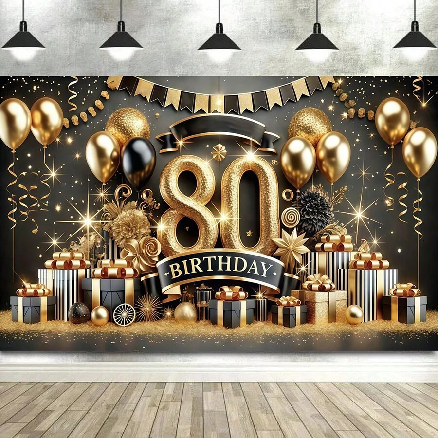 1件優雅80歲生日派對背景布，黑金配色，星星與香檳圖案。適合生日拍照背景、戶外慶祝、派對用品、居家與庭院裝飾。 - 80歲 - 查看 1