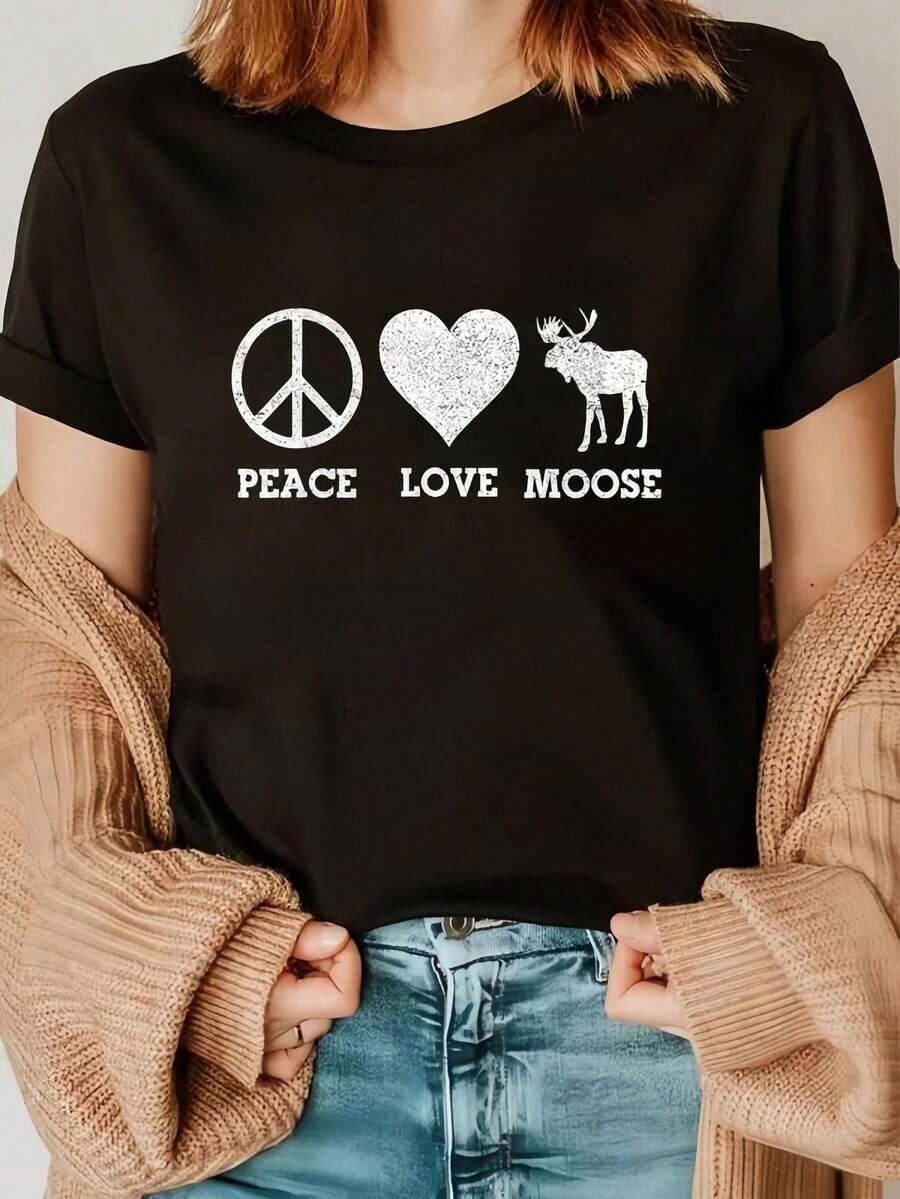 100% Cotton T-Shirt With Moose, Deer, And Alaskan Print - Fun For Moose Lovers - Casual Short-Sleeve Crew Neck T-Shirt - Perfect For Everyday Wear - Great Gifts For Friends And Family - 100% Cotton T-Shirts - Youthful And Modern Design - Casual Blouses For Women - 黑色 - 查看 1
