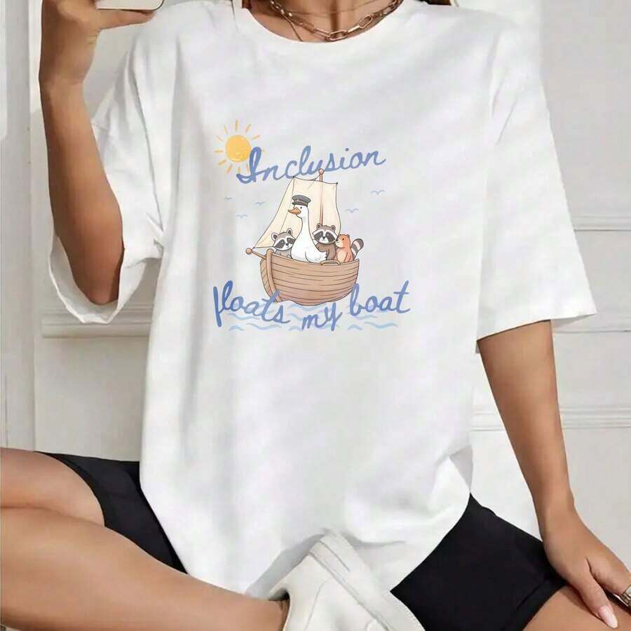 Women's Korean Style Summer Printed Cotton T-Shirt With "Inclusion Floats My Boat" Print, Round Neck, Short Sleeve, Letter Print, Loose Fit, Casual, Versatile, For Everyday Wear, Beach, Party, Summer Vacation. - 白色 - 查看 1