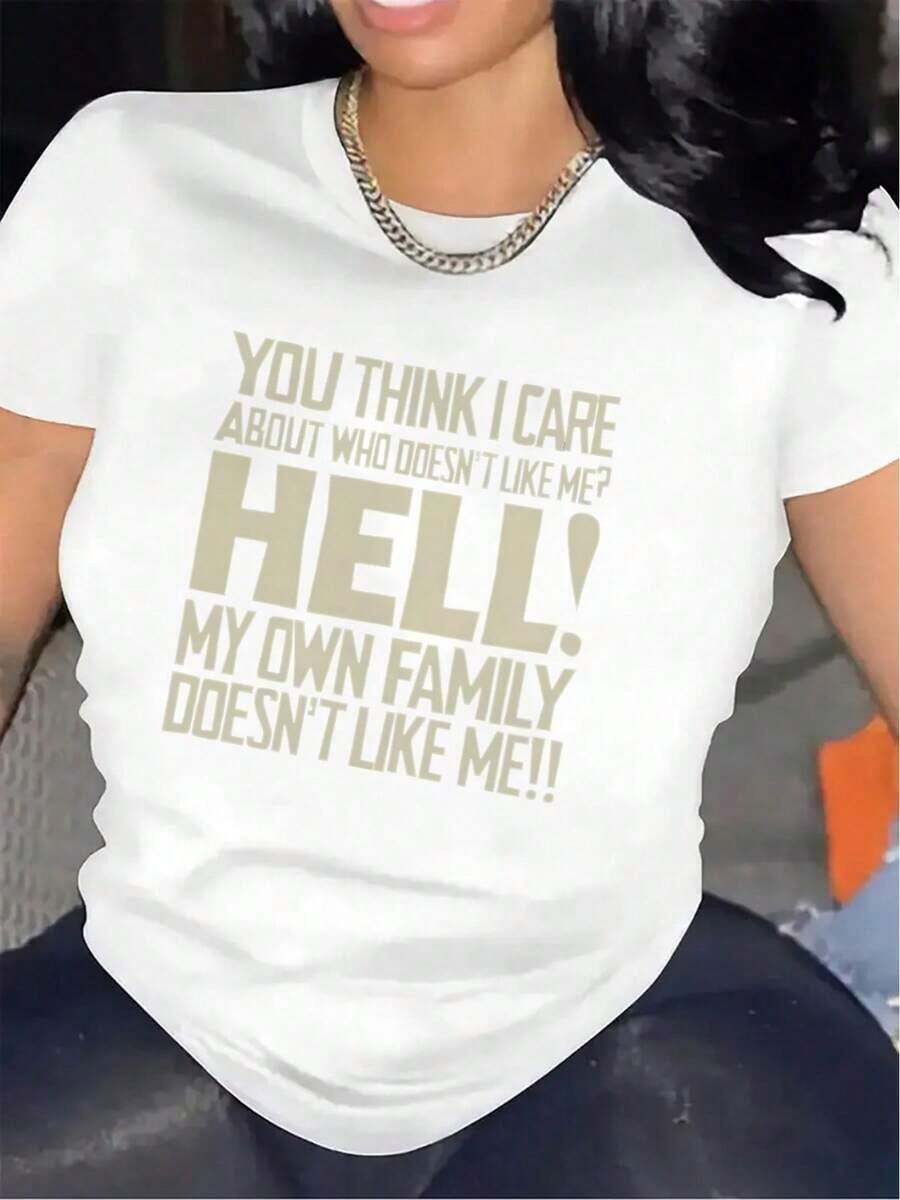 Polyester T-Shirt With Black And White Text Print - Lightweight And Durable Short-Sleeved T-Shirt With A Comfortable Crew Neck, Suitable For Restaurants And Casual Wear. Machine Washable, A Stylish T-Shirt For All Seasons. Women's Blouses > Clothing - 白色 - 查看 1