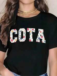 Women's Casual White T-Shirt With Floral Print Of The Letter COTA - Casual Summer Top, Perfect For Festivals, Holidays And Everyday Wear. - 黑色 - 查看 7