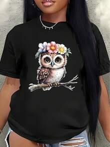 Short-Sleeved Polyester T-Shirt, Decorated With Cute Owl And Flower Designs, Lightweight And Durable, Suitable For Home, Cafes, Or Casual Outdoor Wear. Women's Blouses > Clothing - 黑色 - 查看 7