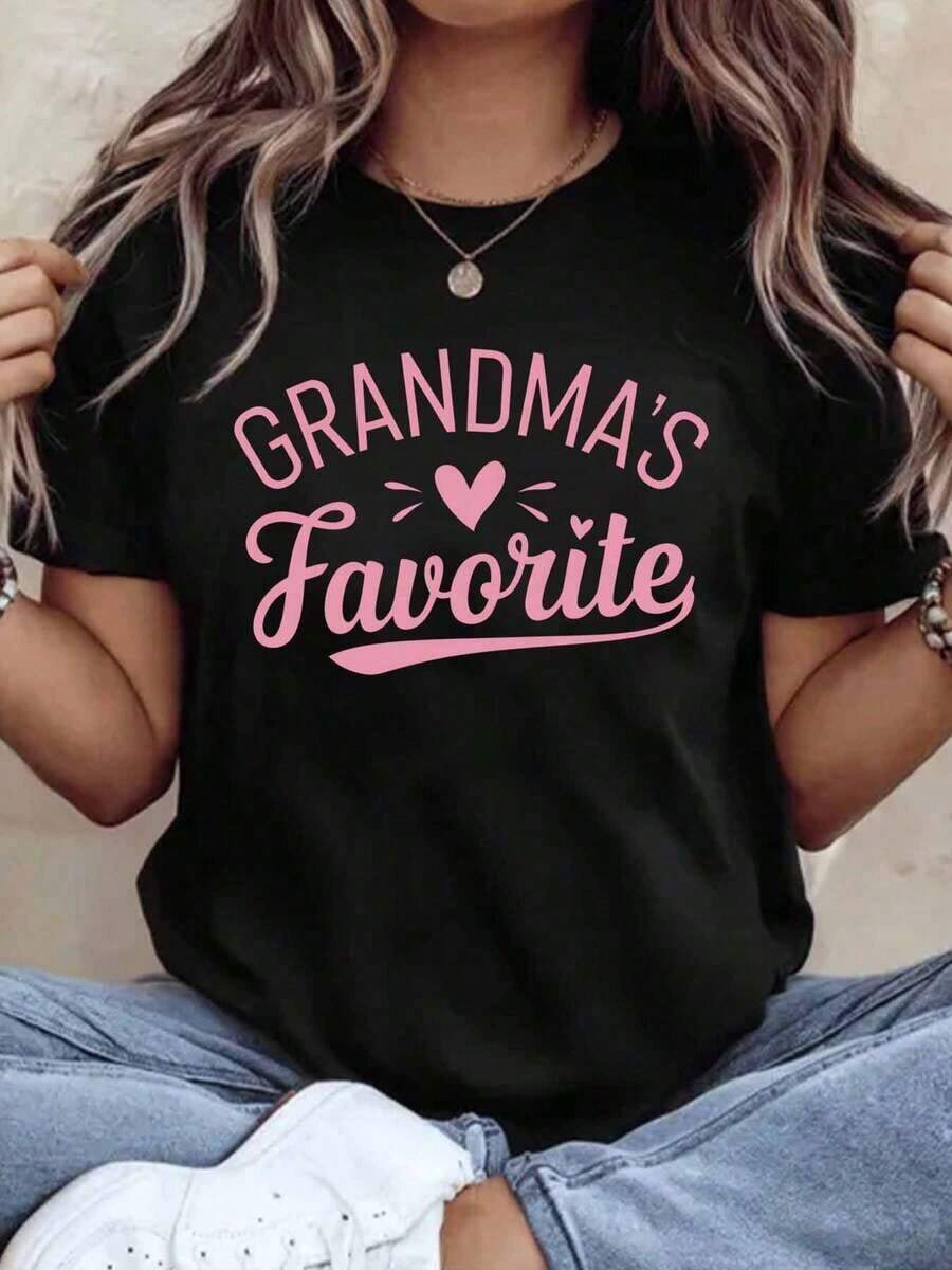 Women's Cotton T-Shirts, Grandmothers' Favorite T-Shirt For Women With Pink Text And Heart Design, Perfect Gift For Grandmother's Birthday, Mother's Day Or Family Gatherings, Basic Women's Blouses. - 黑色 - 查看 1