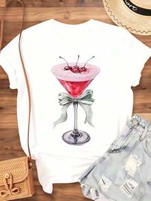 Camiseta de cóctel Cherry Martini con diseño de lazo, talla grande para mujer, ropa casual para fiestas y celebraciones navideñas, 220g - Estilo vintage urbano, camiseta unisex de algodón suelto de manga corta y cuello redondo, 100% algodón. - Blanco - Ver 4