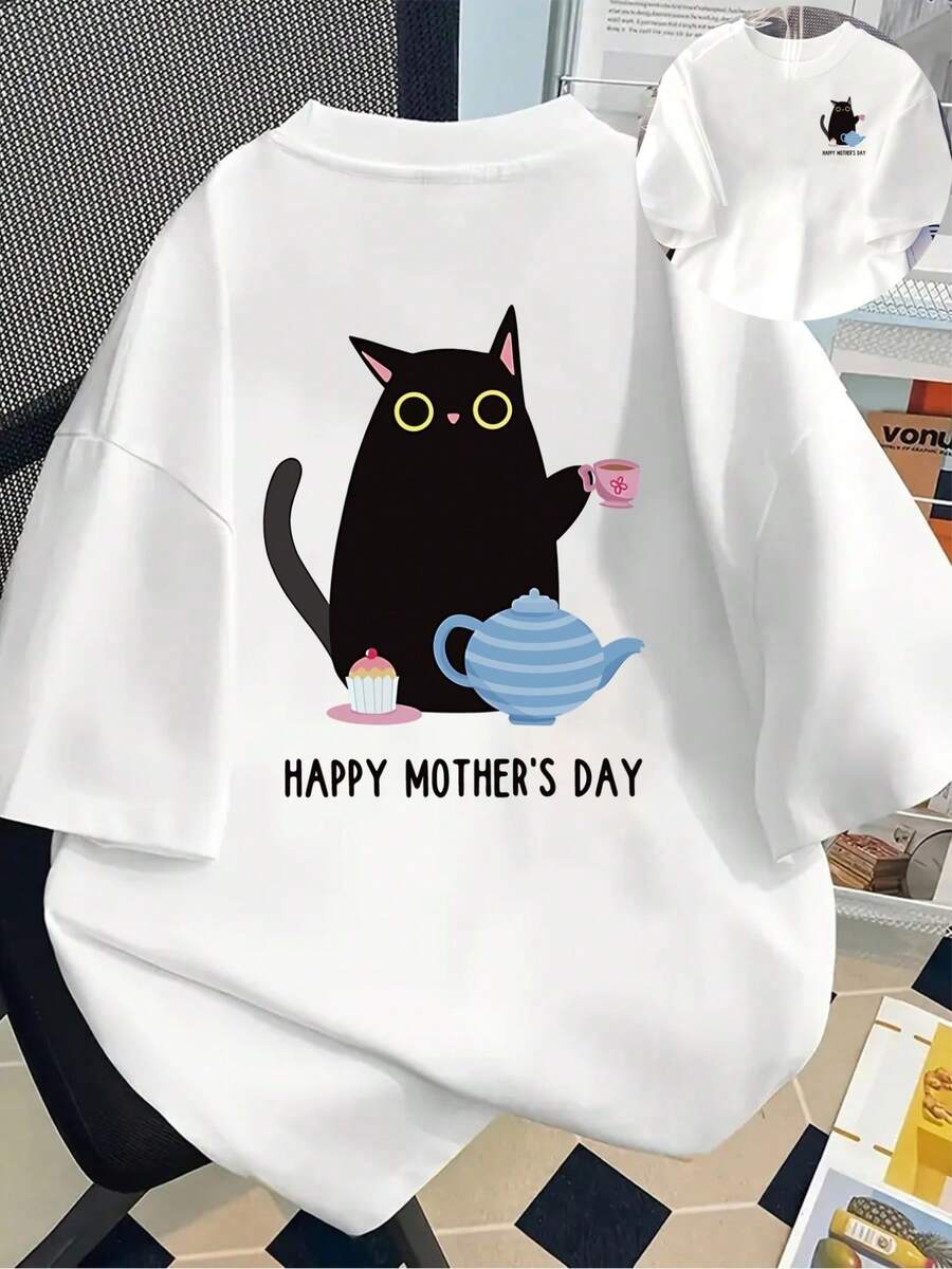 New 180g Short-Sleeved T-Shirt, 1% Cotton, With Front And Back Print - Black Cat, Mother's Day - Fashionable Printed T-Shirt For Women, Short-Sleeved, For All Seasons, Modern Clothing - Suitable For Spring And Autumn As An Inner Layer Or To Wear Alone In Summer, Unisex. - 白色 - 查看 1