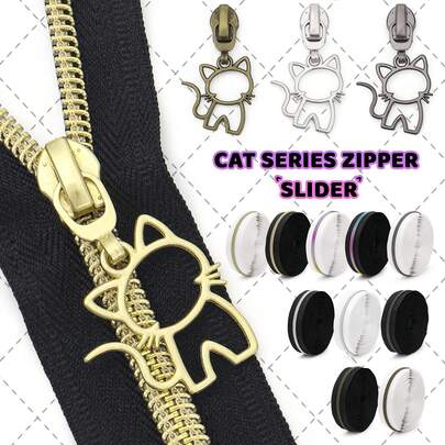 5pcs #5 Zipper + 10pcs Cat Zipper Pulls = 1 Set, Black & White Zipper, 5 Zipper Teeth Color Options (Colorful/Silver/Light Gold/Bronze/Gun Color), Suitable For Clothing, Luggage, Pillows, Wallets, Home Textiles, Sewing Replacement, Handmade DIY