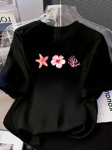 Simple And Versatile Design, Women's Fitted Short Sleeve T-Shirt Style Y2K - Black With Pink Starfish Floral Print, 100% Breathable, Round Neck, Cute Casual T-Shirt For Beach And Daily Wear, Machine Washable For Spring, Summer And Autumn, Cotton T-Shirt With H Line Design And Marine Life Print. - 黑色 - 查看 1