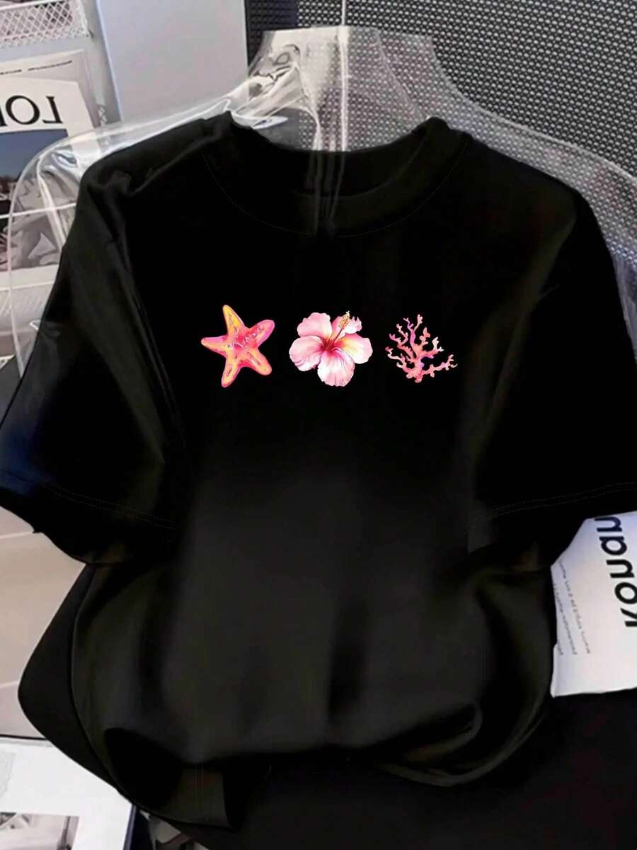 Simple And Versatile Design, Women's Fitted Short Sleeve T-Shirt Style Y2K - Black With Pink Starfish Floral Print, 100% Breathable, Round Neck, Cute Casual T-Shirt For Beach And Daily Wear, Machine Washable For Spring, Summer And Autumn, Cotton T-Shirt With H Line Design And Marine Life Print. - 黑色 - 查看 1