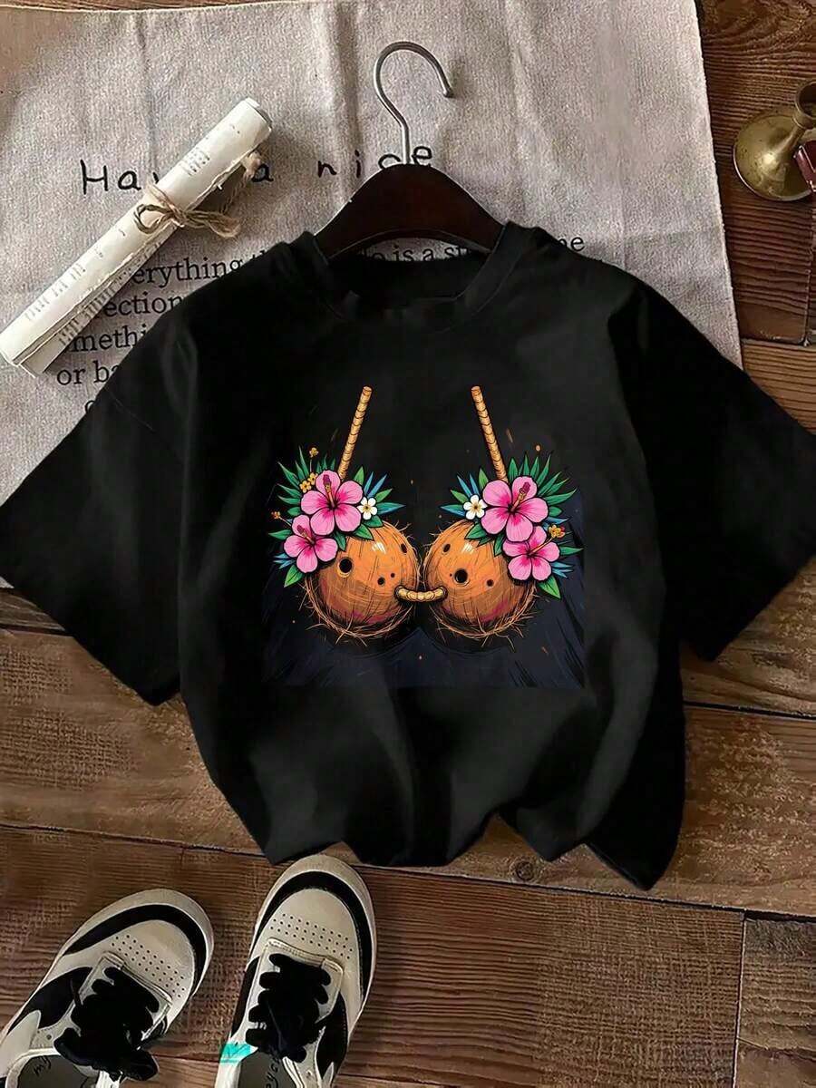 % Women's Tropical And Hibiscus Flower Print Bra Top - Fun And Novelty Hawaiian Bikini Design, Soft And Breathable Short Sleeve Crew Neck T-Shirt, Casual Summer Activewear For Women, Gym Clothes For Women Pure-Cotton - 黑色 - 查看 1