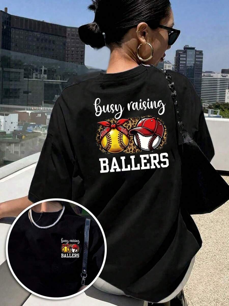 Short-Sleeved Baseball T-Shirt, Modern And Essential For Summer, With Prints On The Front And Back, Casual Round Neck Top With Mother's Day Print - Women's Clothing, Comfortable Fit, Classic Design, Short-Sleeved T-Shirt. - 黑色 - 查看 1