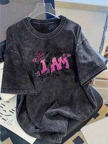 1 Piece Of Women's Graphic Print T-Shirt, Washed - 230 Gsm Thick, Vintage Street Style, Crew Neck And Short Sleeves, Machine Washable, Perfect For Casual Wear In Spring And Summer. Loose And Comfortable Women's T-Shirts, 180 Gsm, 100% Cotton. - 黑色 - 查看 1