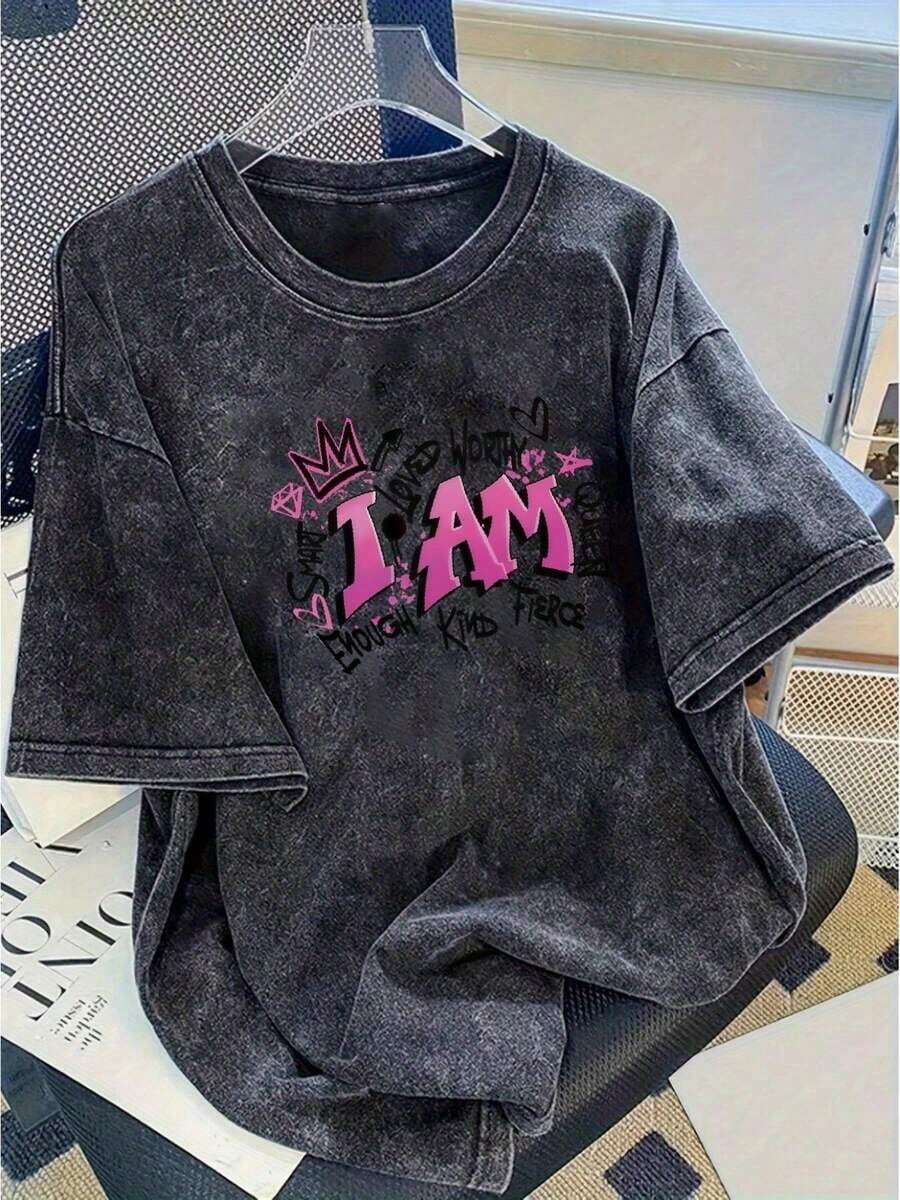 1 Piece Of Women's Graphic Print T-Shirt, Washed - 230 Gsm Thick, Vintage Street Style, Crew Neck And Short Sleeves, Machine Washable, Perfect For Casual Wear In Spring And Summer. Loose And Comfortable Women's T-Shirts, 180 Gsm, 100% Cotton. - 黑色 - 查看 1