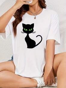 Women's Cotton T-Shirts, Crew Neck, Casual, With Black Kitten Print, For Pet Lovers, Plus Size. Comfortable And Loose-Fitting Printed T-Shirt For Women, Ideal For Work, Going Out, Or Lounging At Home. Plus Size T-Shirt For Women, Perfect For Spring And Summer. Simple T-Shirt For Everyday Wear. - 白色 - 查看 7