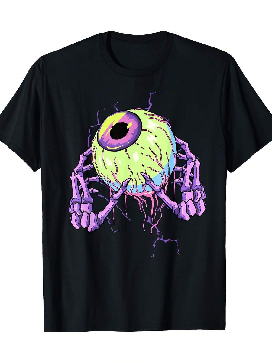 Pastel Goth Weirdcore Gothic Eyes T-Shirt - 220 G/M², 100% Cotton, Loose Fit, With Skeletal Hand And Eyeball Graphics, For Casual Wear In All Seasons, Gothic Subculture Outfits, Machine Washable - 黑色 - 查看 1