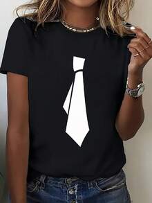 Fun Short-Sleeved T-Shirt With A Unique And Playful Tie-Inspired Print And Pattern, Fashionable And Casual Women's Short-Sleeved T-Shirt, Stylish Round Neck Base Layer, Comfortable And Fun Print, Suitable T-Shirt For Gifting, Comfortable And Breathable Sweatshirt - 黑色 - 查看 1
