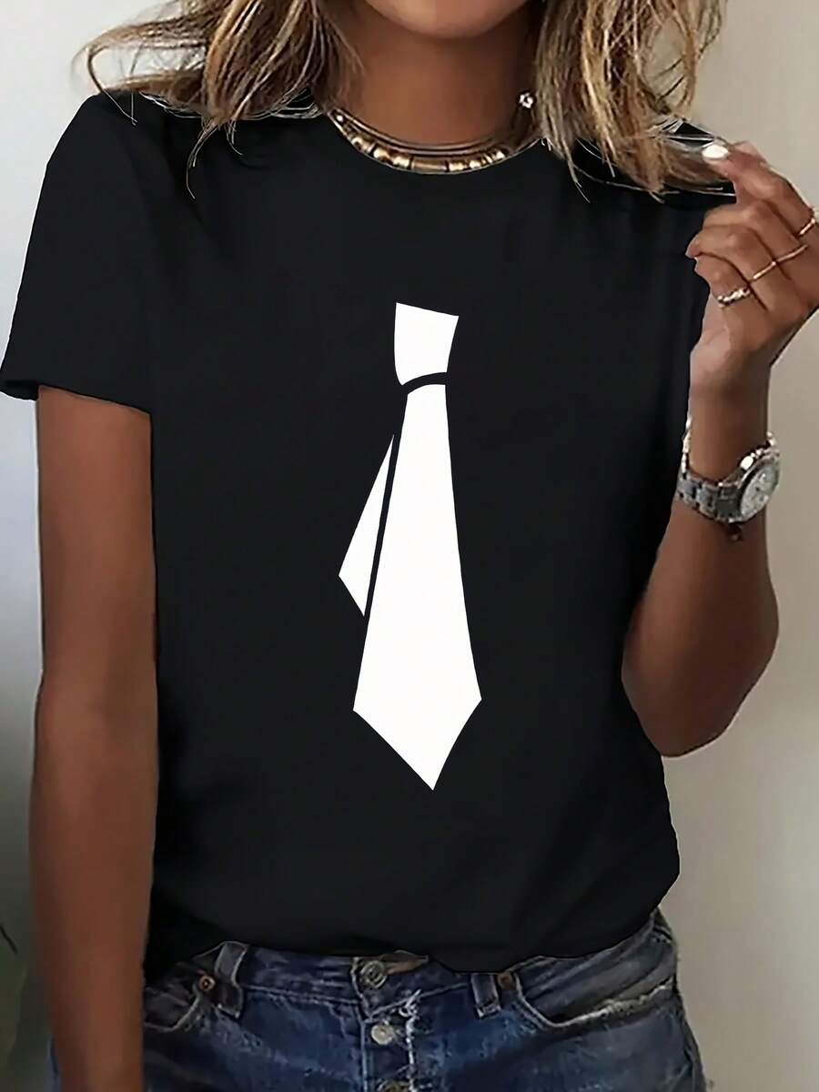 Fun Short-Sleeved T-Shirt With A Unique And Playful Tie-Inspired Print And Pattern, Fashionable And Casual Women's Short-Sleeved T-Shirt, Stylish Round Neck Base Layer, Comfortable And Fun Print, Suitable T-Shirt For Gifting, Comfortable And Breathable Sweatshirt - 黑色 - 查看 1