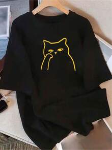 Camiseta negra informal de manga corta con cuello redondo para hombre,Camisetas Para Mujer Camiseta divertida gato negro diseño moderno ajuste cómodo estilo casual originalidad arte gráfico para amantes de los gatos tamaño L color negro moda urbana  de ropa. - Negro - Ver 6