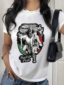 100% Cotton.  Warrior Holding A Maiden In Front Of The Mexica Calendar Symbol Represents Mexican Strength And Ancestral Pride Mixed With Passion And Respect. Women's 100% Cotton T-Shirt. Women's Simple Solid Color T-Shirt, Loose And Slim Fit Casual Short Sleeve - 黑色 - 查看 8