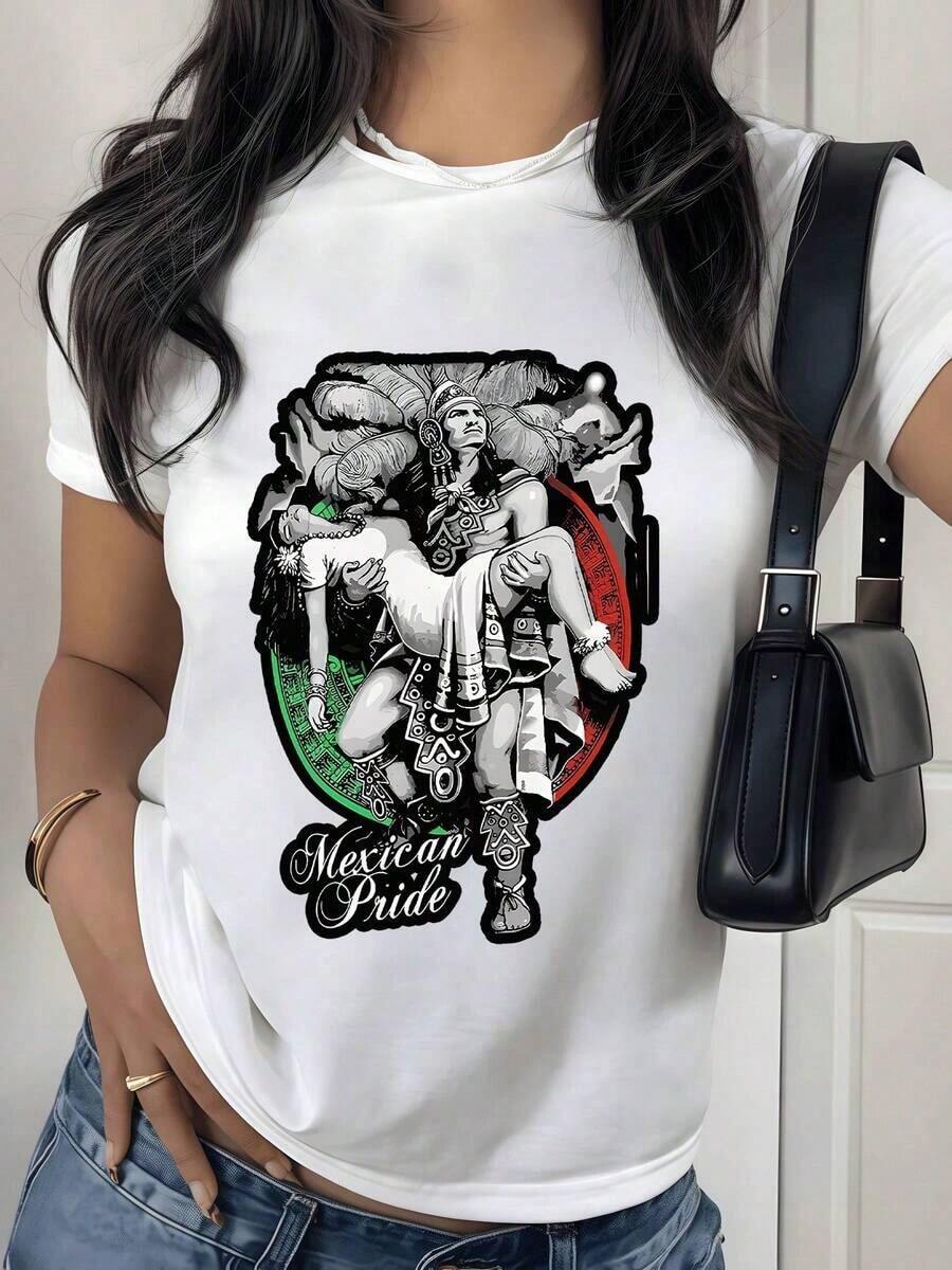 100% Cotton. Warrior Holding A Maiden In Front Of The Mexica Calendar Symbol Represents Mexican Strength And Ancestral Pride Mixed With Passion And Respect. Women's 100% Cotton T-Shirt. Women's Simple Solid Color T-Shirt, Loose And Slim Fit Casual Short Sleeve - 白色的 - 查看 1