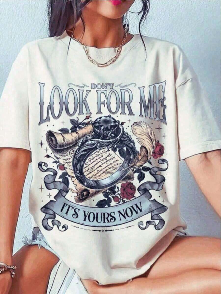 Women's Fourth Wing Series T-Shirt - Fantasy Dragon Knight - "Don't Look For Me, It's Yours Now" - Romantic Gothic Black Design With Ring And Dragon - Magic Wedding Ring - Gift For Book Lovers - Nerd Clothing - Casual Crew Neck T-Shirt - Wear In All Seasons - Hand Washable - Perfect For Fantasy Fans And Fourth Wing Series Readers - Impactful Graphic T-Shirt For Women 2026 - 黑色 - 查看 1