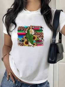 100% Cotton. Figure Of A Saint Holding A Symbol Of Faith On A Mexican Background With Sunflowers And Animal Print That Inspires Hope And Energy. Women's T-Shirt. 100% Cotton. Women's Simple Solid Color T-Shirt, Loose And Slim Fit Casual Short Sleeve - 白色的 - 查看 9
