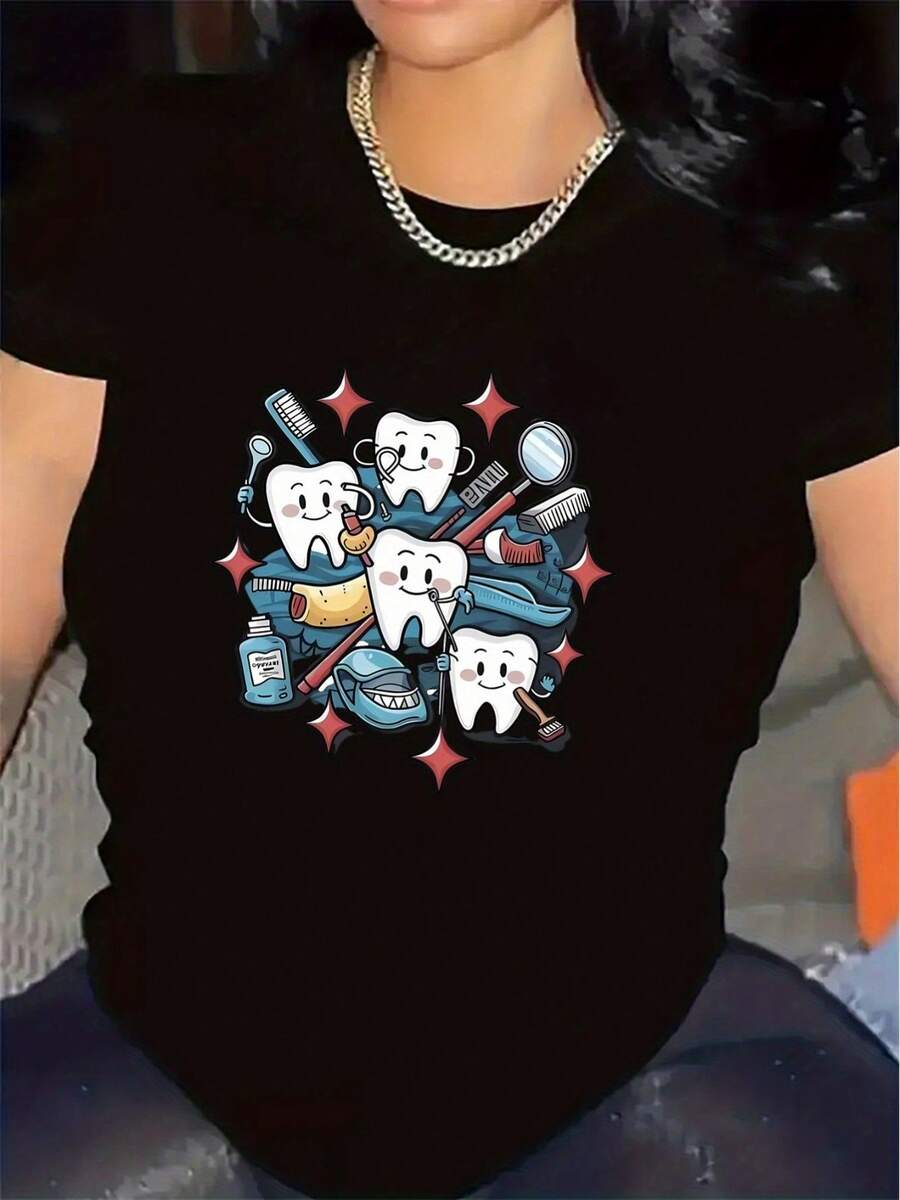 FashionNEW Polyester T-Shirt With Fun Dental Design, Suitable For Both Clinics And Home Use, Durable And Comfortable, An Ideal Gift For Dentists And Dental Hygienists, Lightweight And Breathable Fabric - Unisex Short-Sleeved T-Shirt, Round Neck, Urban Vintage Style. - 黑色 - 查看 1