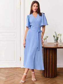 French Maxi Dress With V-Neck, Tie And Fitted Waist, Spring Summer 2026 - Biru - View 1