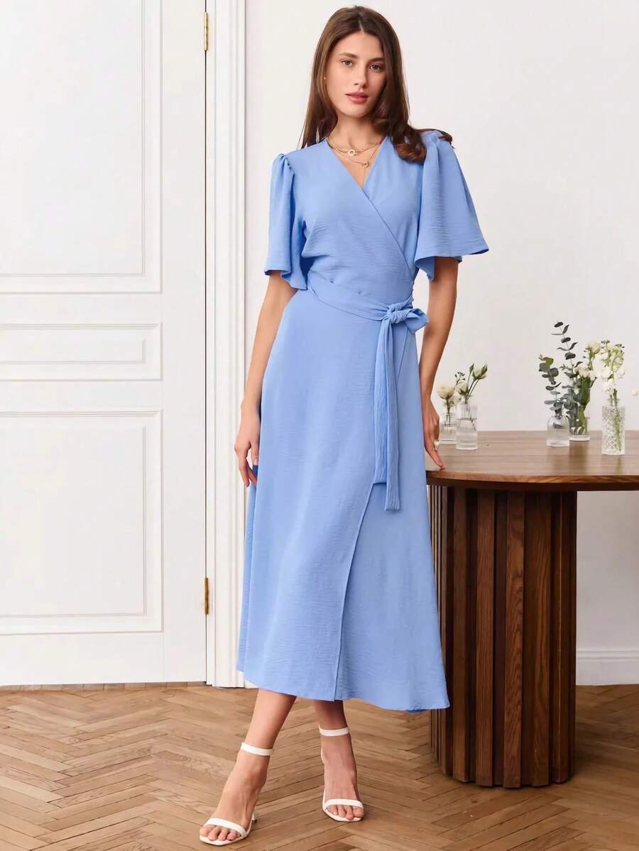 French Maxi Dress With V-Neck, Tie And Fitted Waist, Spring Summer 2026 - Biru - View 1