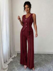 LUNNELUX Women Fall Burgundy 2 Pieces Outfits, V Neck Sleeveless Button Vest & High Waist Wide Leg Pants Set, Christmas Party Outfit - Burgundy - View 5