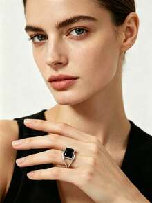 925 Sterling Silver Unique Black Square Design Ring, Suitable For Women And Men, For Holiday, Hip-Hop Party, And Daily Wear - Black - View 3