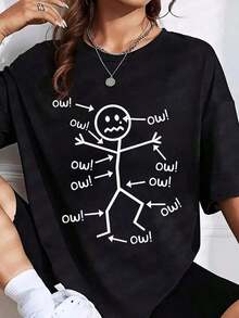 100% Cotton 1 Piece Oversized Stick Figure Graphic T-Shirt, Casual And Fun, For Women And Men, Unisex, Streetwear Style, Comfortable For Daily Wear, 220gg 100% Cotton Women's Simple Solid Color T-Shirt, Loose And Slim Fit Casual Short Sleeve - 黑色 - 查看 10