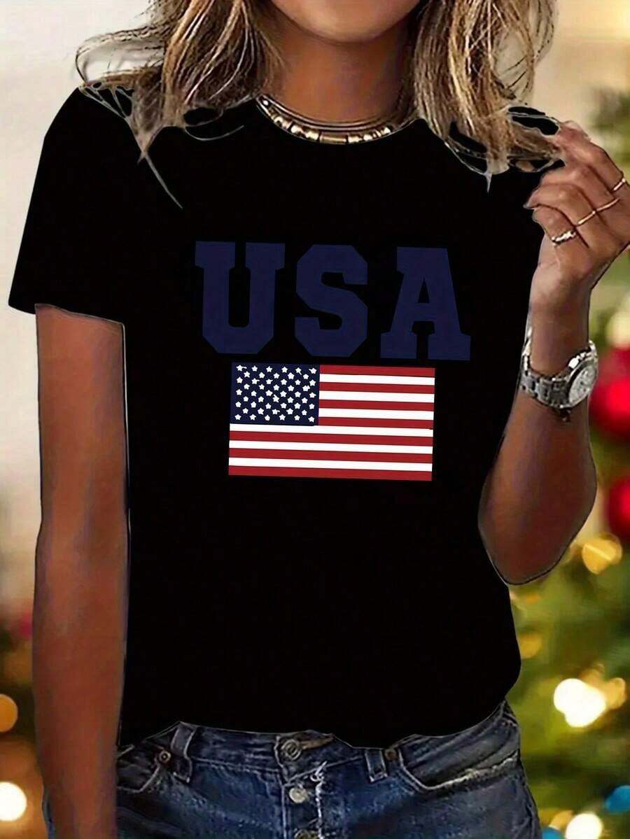 Y2K Women's Graphic T-Shirt With American Flag - Casual Stretch T-Shirt With USA Lettering - Patriotic Gym Wear, Casual Outfit And Independence Day Gift - Machine Washable T-Shirt (Spring/Autumn/Summer) - Birthday Gift For Women, American Flag T-Shirts, Summer Fashion, Non-See-Through Material - 黑色 - 查看 1